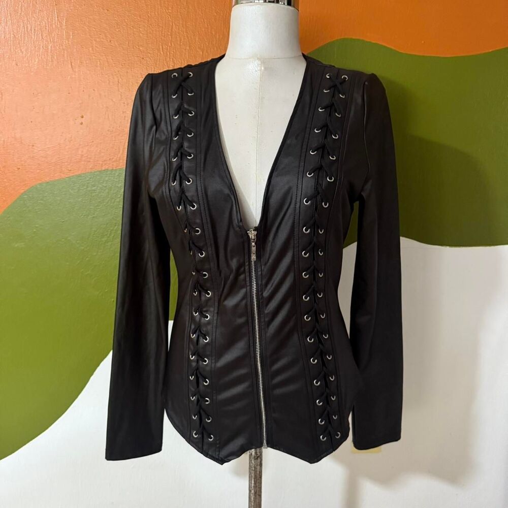 Faux Leather Lace Up Jacket Zip Top Cyber Punk Goth Biker Western Black 1XL sexy